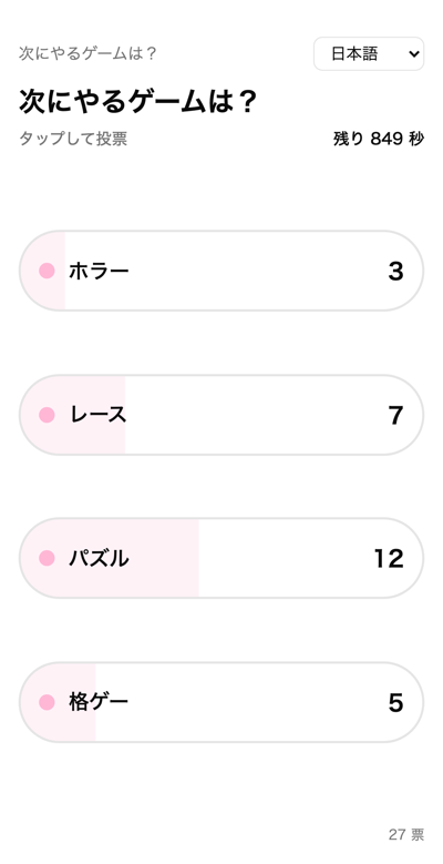 視聴者のスマホの参加画面。ボタンが 4 つ並び、それぞれに現在の票数が出ている