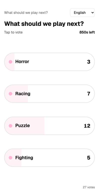 The voting page on a phone: four capsule buttons, each showing its current vote count